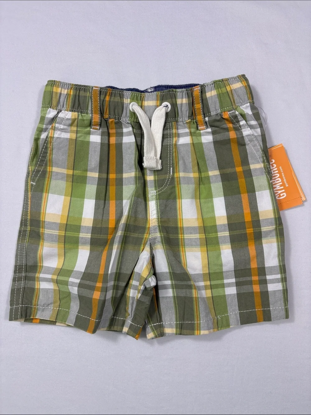Gymboree Olive, Orange & White Little Sprout Plaid Pull On Drawstring Shorts